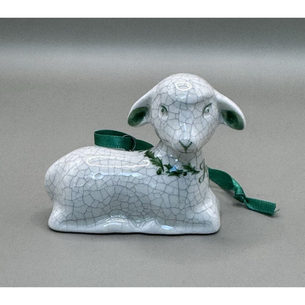 Hallmark Portugal Crackle Glaze Lamb Figurine Joy Green Ribbon Vintage 1994